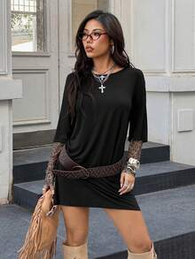 Muchica New Women's Two-In-One Round Neck Loose Long Sleeve Leopard Print Lace Dress, Autumn, Women's Autumn Clothing - Multicolor - View 5