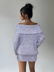 Aloruh Young Lady's Off Shoulder Turndown Collar Long Sleeve Mini Grey Knitted Dress, Loose Top & Tight Bottom, Autumn/Winter - Violet Purple - View 2