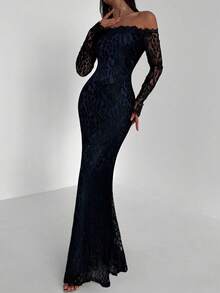 Aloruh 新款性感蕾丝露肩浪漫美人鱼长袖修身连衣裙，适合鸡尾酒会、约会之夜、情人节等场合。 - 藏蓝色 - 查看 4