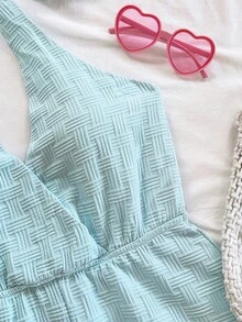 Soleia 女士度假白色纹理 V 领前部和蝴蝶结后部休闲连体裤，百搭适合海滩、音乐节、夏季波西米亚风格 - 淺藍色 - 查看 3