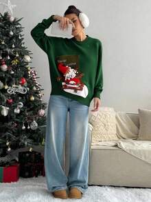 Jersey holgado de cuello redondo de manga larga tejido con decoración de árbol de Navidad 3D jacquard, beige, mujer, otoño/invierno - Verde - Ver 2