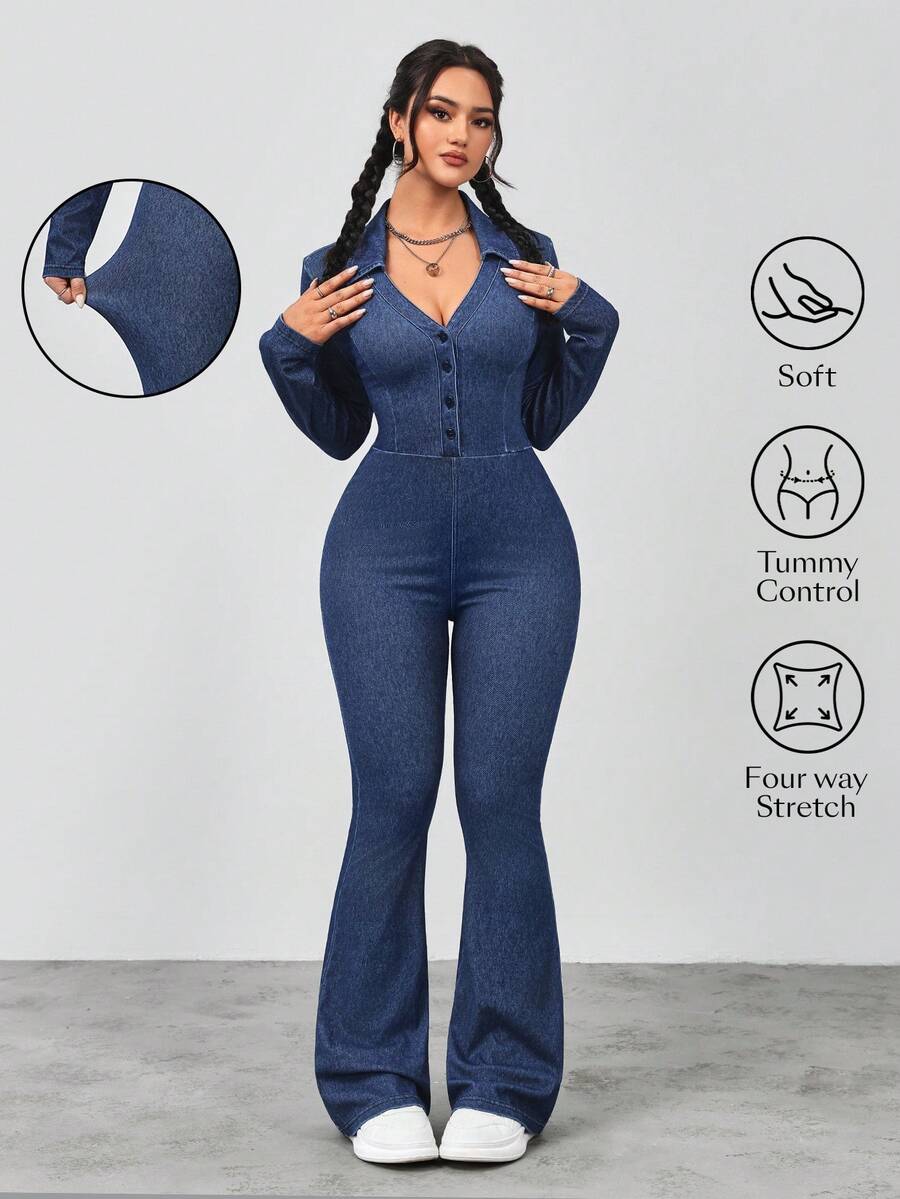 Flexra Women's Casual Commuter Slim Fit Denim Jumpsuit - Blue - View 1
