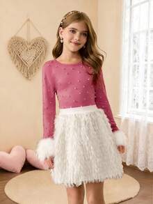 Tween Girls Pink Autumn Country Concert Elegant Long Sleeve Faux Pearl T-Shirt With Faux Fur Cuff & Short Fringed Skirt Christmas Party Outfit Set - Purple - View 1