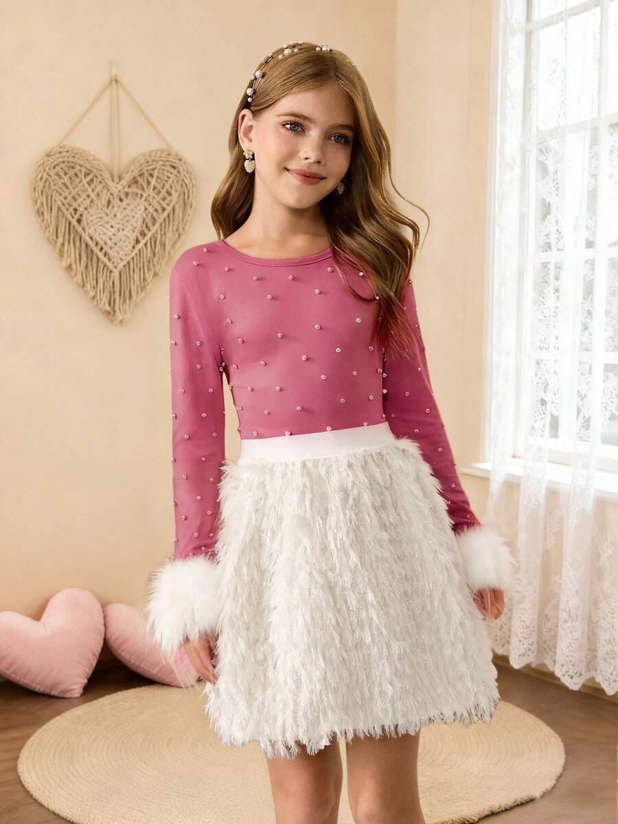 Tween Girls Pink Autumn Country Concert Elegant Long Sleeve Faux Pearl T-Shirt With Faux Fur Cuff & Short Fringed Skirt Christmas Party Outfit Set - Purple - View 1