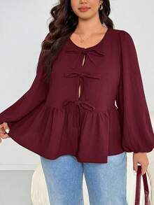 SHEIN Essnce 大码女装秋冬时尚休闲舒适日常质感面料修身黑色蝴蝶结长袖衬衫，女式衬衫，秋季，外出上衣，工作上衣，母女装 - 酒紅色 - 查看 2