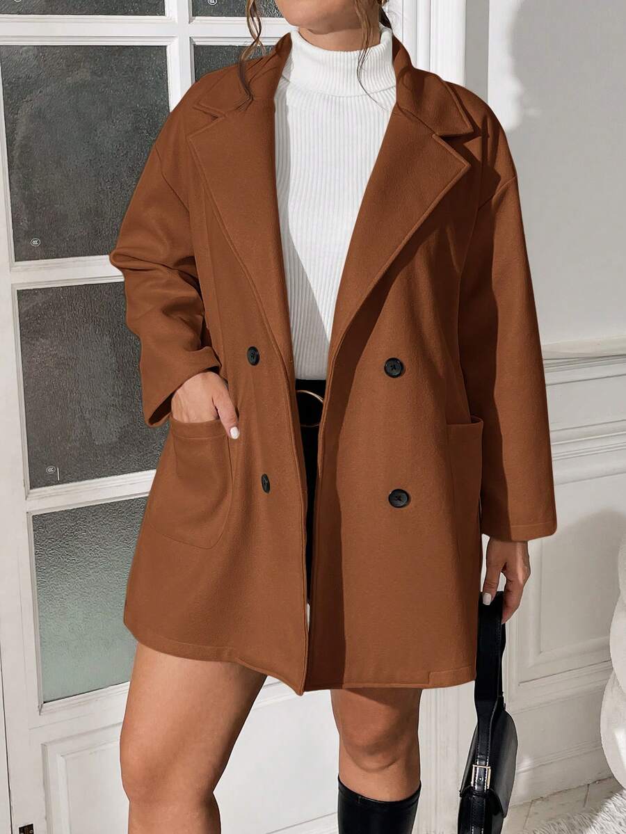 SHEIN Essnce Áo khoác nữ cỡ lớn mùa thu và mùa đông, thời trang mới, phong cách thường ngày, thanh lịch, công sở, màu mơ trơn, chất liệu len, áo khoác mùa đông nữ, áo khoác thu nữ, áo khoác mùa đông nữ, áo khoác kiểu sơ mi, áo khoác cổ ve, áo khoác có túi. - Cà phê nâu - Xem 1