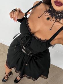 Coolane Women's Fall/Winter All-Season Y2K Goth Chic Rave Outfit Lace Stretchy Comfortable Halloween Outfits Bow Contrast Lace Black Mini Dress - Black - View 6