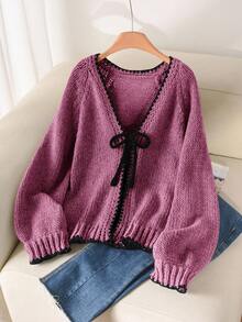 CosyJoli Áo len cardigan dáng rộng thường ngày có nơ thắt viền tương phản - Màu Đỏ Sâu - Xem 3