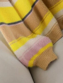 CosyJoli Suéter informal de cuello redondo con parches de rayas multicolor en tallas grandes, suéter a rayas rosa y amarillo, suéter a rayas para mujer, jersey a rayas para mujer, suéter de bloques de color para mujer, suéter de bloques de color, suéter a rayas esponjoso para mujer - Multicolor - Ver 3