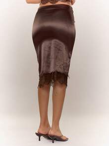 MUSERA Chân váy midi cạp thấp bằng satin viền ren, kiểu dáng suông, thích hợp đi chơi, dạo phố, dễ thương, gợi cảm, dự tiệc đêm, mát mẻ mùa hè. - Cà phê nâu - Xem 4
