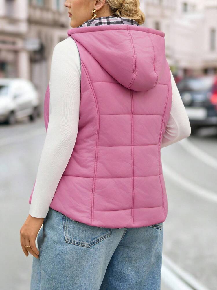 Plus Size Women Casual Pink Reversible Plaid Hooded Padded Vest Jacket, Autumn/Winter,Going Out,2025 New,Simple And Fashionable For Everyday Wear, Winter,Comfortable And Breathable,Christmas,New Year,Thanksgiving,Outerwear Women, Women Coats, Quilted Jacket
