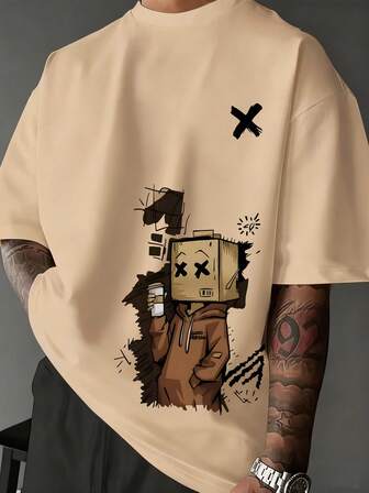 Plus Size Men's Cartoon Print Round Neck Short Sleeve Casual Versatile T-Shirt