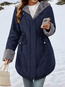 SHEIN Clasi 女士优雅高端束腰口袋拉链绗缝外套，修身显瘦，秋冬款 - 藏蓝色 - 查看 3