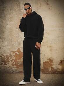 PAVTROS Sudadera con capucha de unicolor y pantalón de chándal casual para hombre, otoño/invierno - Negro - Ver 4