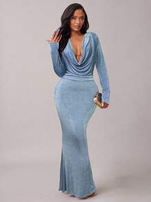 Radiana Váy đuôi cá dài tay cổ xếp ly thanh lịch màu đỏ tía dành cho nữ, thích hợp cho các buổi hẹn hò, tụ họp, sinh nhật, tiệc tùng, tốt nghiệp, tiệc chiêu đãi, tiệc cocktail, những dịp trang trọng, mùa thu/đông - Màu xanh lam - Xem 3