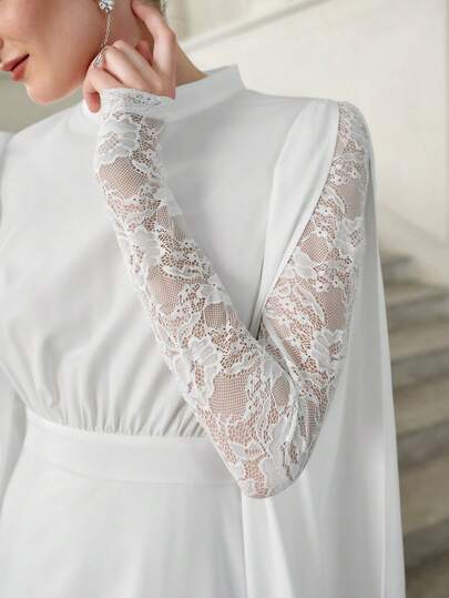 Elenzga 女士象牙色纯色新款春秋季中东土耳其长袍，立领，蕾丝袖口，珍珠装饰，优雅A字廓形，宽松下摆带衬里，适合20-35岁以上女性参加派对、正式场合。