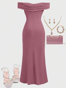 SHEIN Girlism Teen Girls Party Wear Off Shoulder Ruched Elegant Criss-Cross Fishtail Hem Dress Evening Wear Teen Dress Elegant Bridesmaid Dress Simple Prom Dress Dress For Wedding Guest - Rusty Rose - View 2