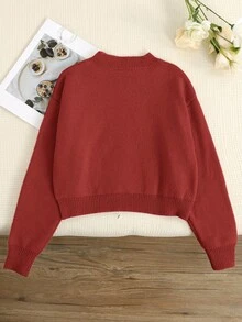 SHEIN 少女可爱休闲撞色白色蝴蝶结圆领长袖短款毛衣上衣，适合春、秋、冬，清新少女风，春节、情人节皆宜。 - 紅色 - 查看 2