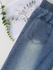 SHEIN Jeans de pierna ancha para niñas preadolescentes, diseño de bolsillos y bajo deshilachado en azul claro lavado, ajuste holgado casual con cintura elástica, adecuado para uso diario, fiesta, escuela, viaje, nueva llegada de otoño - Azul lavado medio - Ver 6