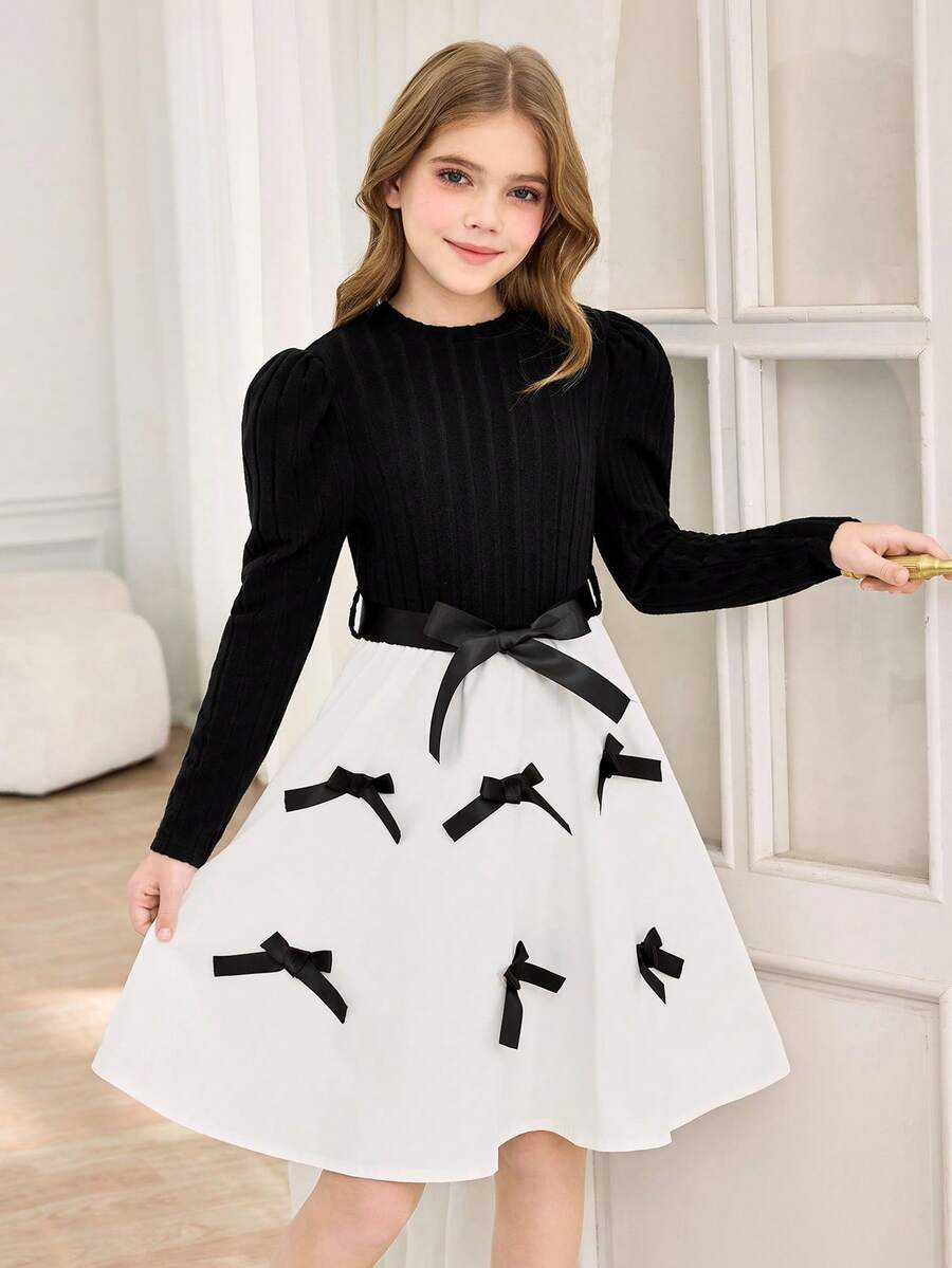 SHEIN 1pc Girls Crew Neck Long Sleeve Ribbed Knit Patchwork Floral Hem Dress, Sweet & Ladylike, Autumn - Multicolor - View 1