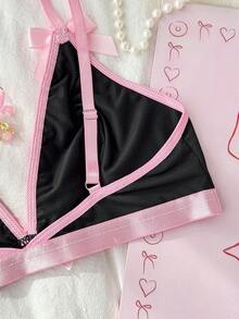 PetitDoll 2pcs Women Colorblock Bow Decor Ruffle Trim Lingerie Set - Black - View 5