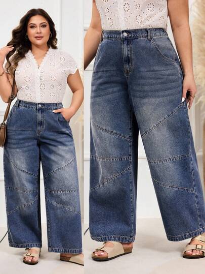 EMERY ROSE Jeans rectos de talla grande para mujer, de color azul oscuro, estilo casual y retro, sin estiramiento