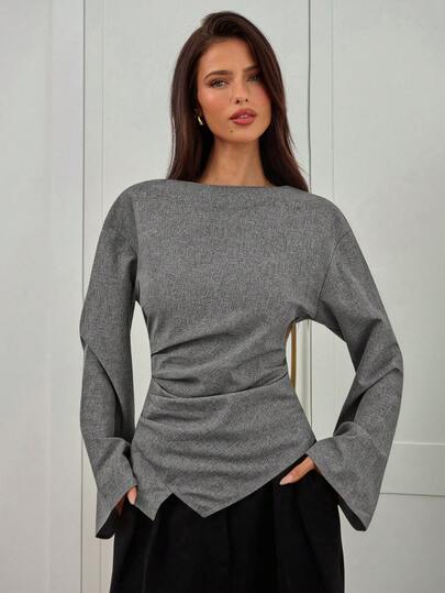 Aloruh Women's Autumn/Winter New Stylish Commuter Waist Ruched Asymmetric Hem Long Flare Sleeve V-Neck Pullover Blouse