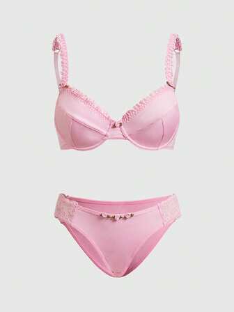 Kawaii Women's Sweet & Cute Solid Color Underwire Bra With 3D Rose Decor And Lace Panty Set