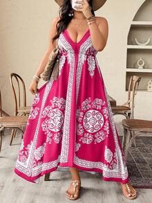 Weeklong Vestido de tirantes asimétrico con estampado vintage para talla grande, estilo vacacional - Rosa Fucsia - Ver 6