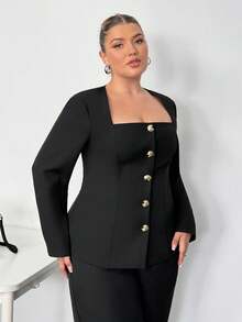 Truni Áo khoác Blazer cổ vuông tay dài cỡ lớn dành cho nữ, thắt eo, đính nút kim loại, phù hợp cho mùa thu/đông - màu đen - Xem 5