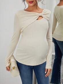 SHEIN Áo cho con bú cổ lệch màu trơn thanh lịch dành cho phụ nữ mang thai - Màu be - Xem 7