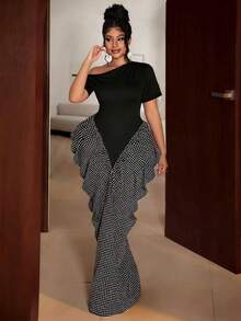 Maweii Robe à manches asymétriques froncées avec imprimé à carreaux et ceinture à la taille, convient pour les fêtes, Halloween, Thanksgiving, Noël, printemps/été/automne/hiver, mode, élégante, décontractée, bureau, rendez-vous - Noir - Voir 6