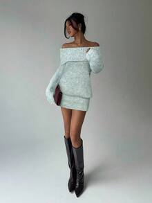 Aloruh Grey Off-Shoulder Turtleneck Long Sleeve Mini Dress, Loose Top Tight Bottom, Suitable For Young Ladies, Autumn/Winter - Green - View 3