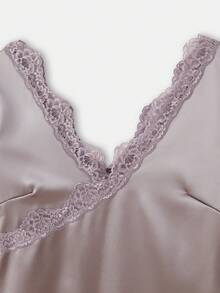 lacRébo Grey Satin Long Sleeve V Neck And Back Top With Lace Trim Detail, Fall Autumn Fall Spring Summer Going Out Top - Grey - View 8