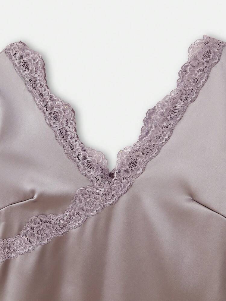 Grauer Satin Langarm V-Ausschnitt und Rücken Top mit Spitzenbesatz, Herbst Frühling Sommer Ausgeh-Top