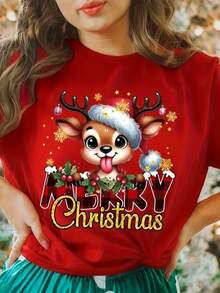 Playera con diseño de Reno y frase Merry Christmas, estampada, con colores de temporada, ideal para uso diario, llamativo, moderno, holgado, cuello redondo, manga corta, ideal para toda la familia. - Rojo - Ver 1
