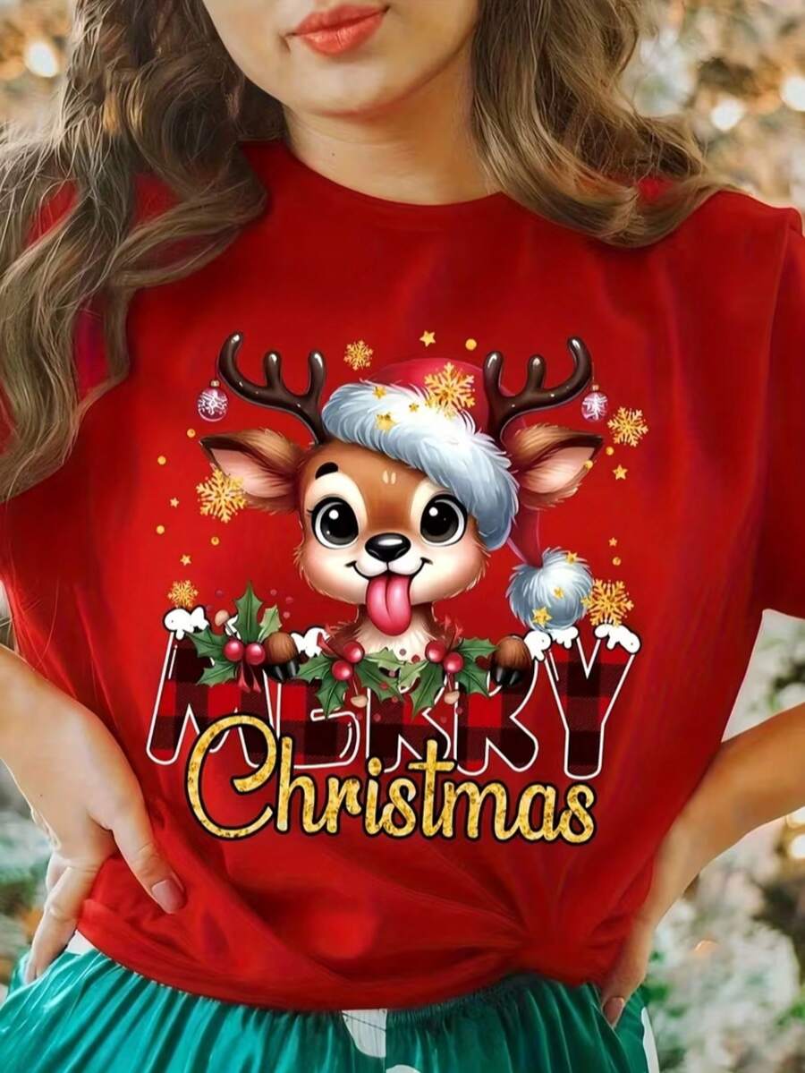 Playera con diseño de Reno y frase Merry Christmas, estampada, con colores de temporada, ideal para uso diario, llamativo, moderno, holgado, cuello redondo, manga corta, ideal para toda la familia. - Rojo - Ver 1