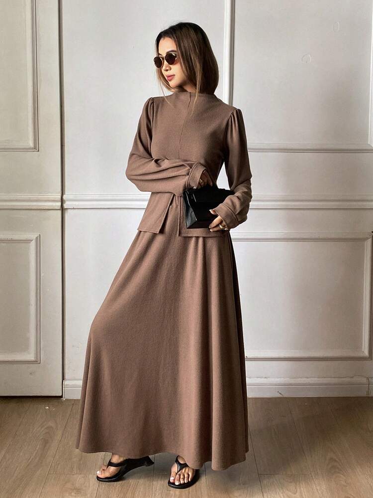 Women's Mandarin Collar Split Hem Tie-Front T-Shirt And Long Skirt Elegant 2-Piece Set