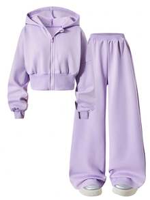 SHEIN Sparklyn 2件套女童碎花灰色腰部抽绳抓绒卫衣和宽松长裤休闲运动套装，秋冬季 - 淡紫色 - 查看 3