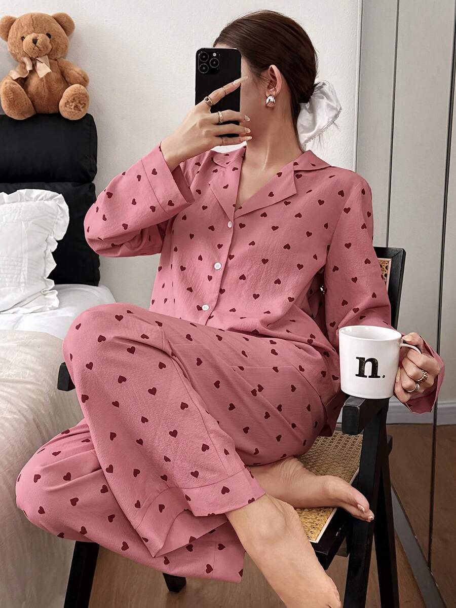 SHEIN Women's Loose Turndown Collar Red Heart Print Long Sleeve Pajama Set Soft Pajamas Set Heart Pajama Set Sleepwear Women Button Up Pajamas Women - Multicolor - View 1