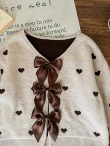 LMoss Kids Young Girl Cute Versatile Heart & Bow Knitted Cardigan, Autumn/Winter - Apricot - View 3