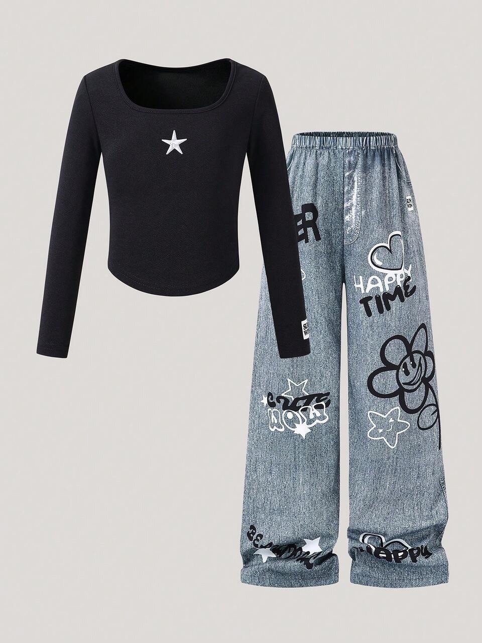 Conjunto de blusa com estampa de estrelas e calça pantalona