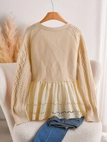 CosyJoli Plus Size Casual Open Front Cable Knit Patchwork Lace Trim Cardigan Sweater Clothes For Women Spring Fall/Winter - Apricot - View 3