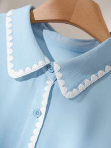 CosyJoli 大码女式休闲宽松短袖撞色滚边衬衫，浅蓝色衬衫，浅蓝色女式衬衫，短袖女式衬衫，夏季休闲度假春季女式衬衫，浅蓝色衬衫，翻领衬衫 - 藍色 - 查看 3