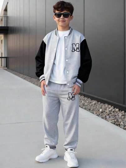 SHEIN Vacaura 秋季男童休闲彩色块字母印花夹克和裤子套装