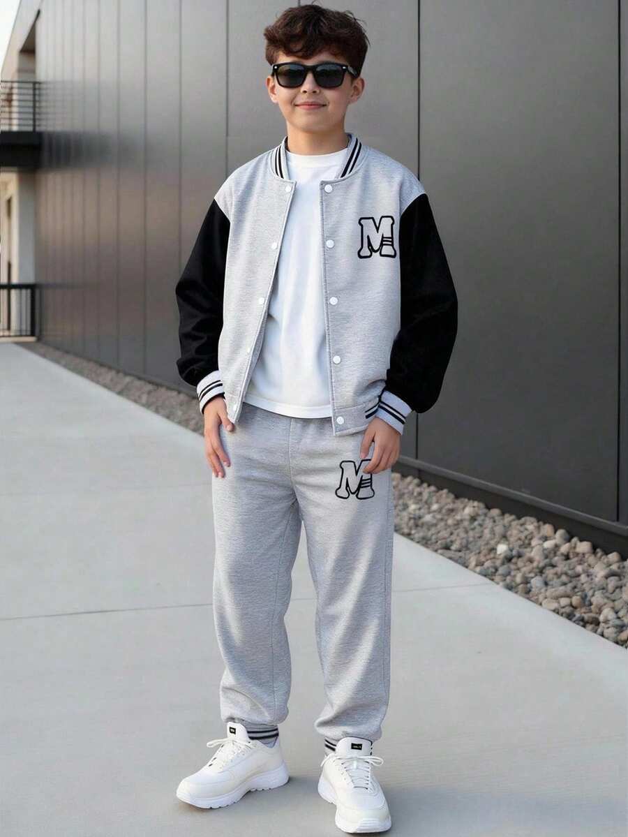 SHEIN Vacaura Tween Boy Casual Color Block Letter Print Jacket And Pants Set, Autumn - Grey - View 1