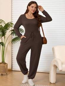 EMERY ROSE Plus Size Women's Brown Round Neck Long Sleeve Warm Jumpsuit With Pockets,Autumn Casual Solid Color Everyday Smart Casual Outfits For Winter 2025 - Brown - View 6