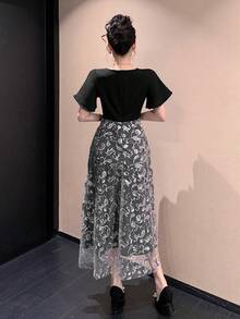 DAZY Abito elegante da donna per pendolarismo, con paillettes, ricamo e inserti in rete, abito da sole primaverile - Multicolore - Visualizzare 4