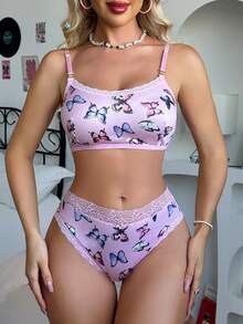 Eraneu 2 piezas Conjunto de lencería con aplicaciones de encaje - Rosa - Ver 1