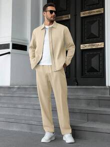 Manfinity Homme 男士休闲拉链外套和裤子两件套 - 杏色 - 查看 3